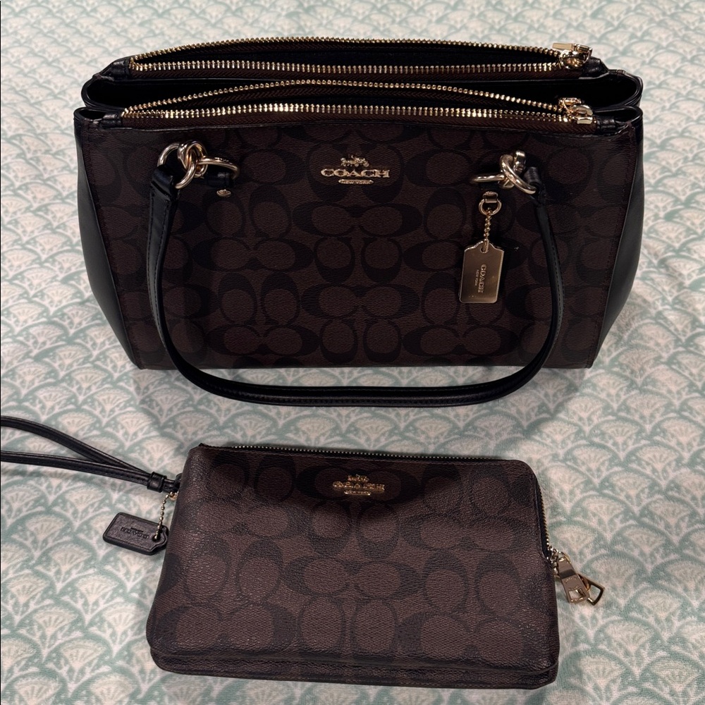 Coach Brown Signature Canvas Shoulder Satchel with Wristlet
